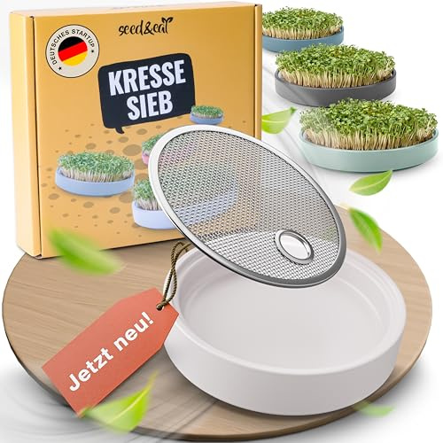 seed&eat Kressesieb (13cm), Anzuchtschale für Kresse & Microgreens, mit Sprossenheft [E-Book], Keramikschale + Edelstahlsieb
