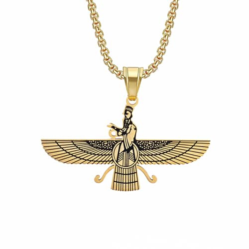 GZHENGZG Herren Halsketten und Damenschmuck Goldene Farbe Zoroastrische Halskette für Männer und Frauen, Mystische Faravahar Ahura Anhänger, ägyptischer Schmuck, Geschenk Geschenk
