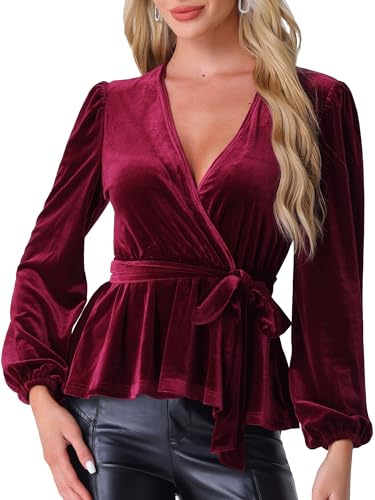 Allegra K Donna Camicette di Velluto Avvolgente Cravatta in Vita Manica Lunga Elegante Camicetta Peplo con Scollo a V Top Shirt Borgogna S