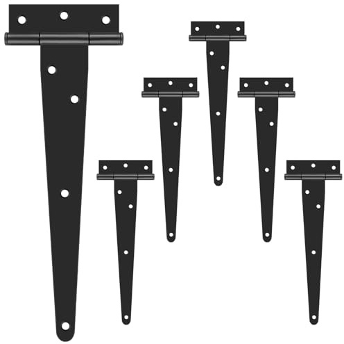 T-Scharniere Schwerlast, 25,4 cm Metall-Türscharnier für drinnen und draußen, 6 Packungen Torscharnier rostfrei, schwarzes T-Scharnier mit Pulverbeschichtung, T-Riemen-Scharniere für Zäune,