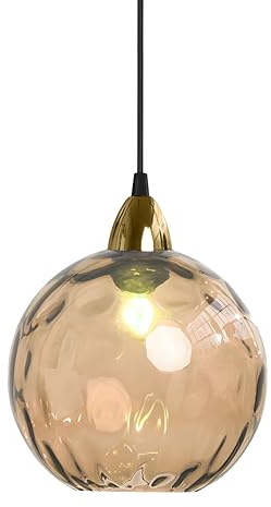 XIRYTU-H 15cm/5.9'' Lampe à Suspension Sphérique Industrielle en Verre, Lampe de Plafond Suspendue E27, Finition Dorée et Abat-Jour en Verre Ondulé, Plafonnier Pour Salle à Manger (Ambre, 15cm)