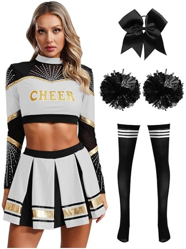 Alvivi 5Pcs Cheer Leader Kostüm Damen Langarm Cheerleading Uniform Crop Tops mit Rock Pompoms Socken Haarband Halloween Karneval Fasching Kostüm A Weiß&Schwarz XXL
