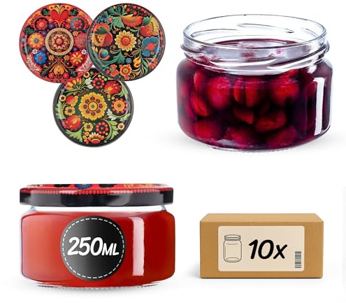KADAX 10er Set Marmeladengläser 250ml TO82 Bunte Blumen, Einmachgläser Vorratsgläser Mason Jar mit Schraubdeckel, Luftdichte Schraubgläser, Honig & Konfitüre