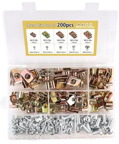 LALAGO Clip à Vis et Écrou de Kit, 200 Pcs M4 M5 M6 M8 de Vis et Écrous de Fixation pour Garde-Boue de Voiture, Écrous Fixation Type U Clips Ecrou, Type U Sous Support de Passage Roue Kit