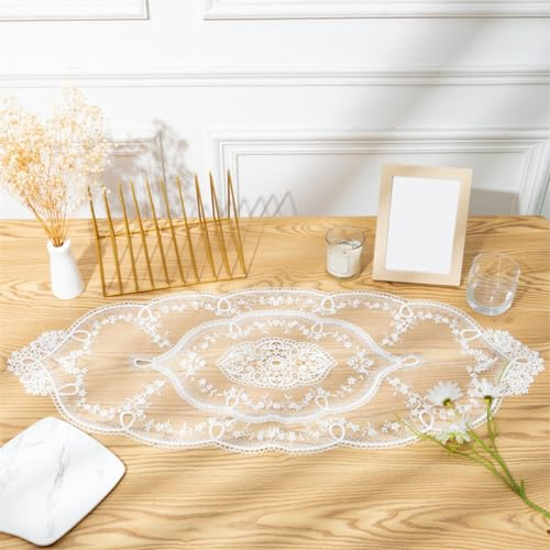 Anevous Spitze Stickerei Tischdecke, Oval Tischläufer Gestickte, Vintage Blume Blumenmuster Deckchen Boho Tischläufer für Hochzeit Party Abendessen Tisch Dekor,Weiß 42x180cm