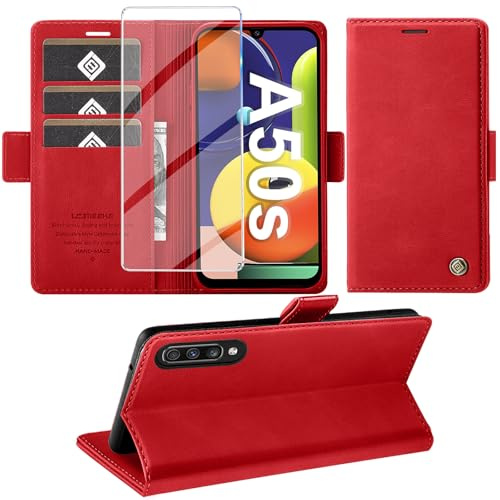 Giyer Cover per Samsung Galaxy A05S Custodia con Vetro Temperato, Premium Pelle PU Portafoglio Slot per Scheda RFID Antifurto Funzione Supporto Flip Case, Antiurto per Samsung A05S 5G Cover (Rosso)