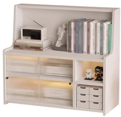 GLigeT Bücherregal Desktop-Bücherregal aus Holz, mehrstöckiges Organizer-Büro, mit Kunststoff-Schiebeschranktüren, Lagerregal, Präsentationsständer (weiß) Bücherturm