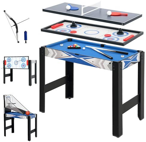 SPORTNOW Table de Jeux Multifonctions 5 en 1 – Billard, ping-Pong, Jeu de palets, Mini Basket, tir à l'arc – Table Multi-Jeux compacte – Bleu