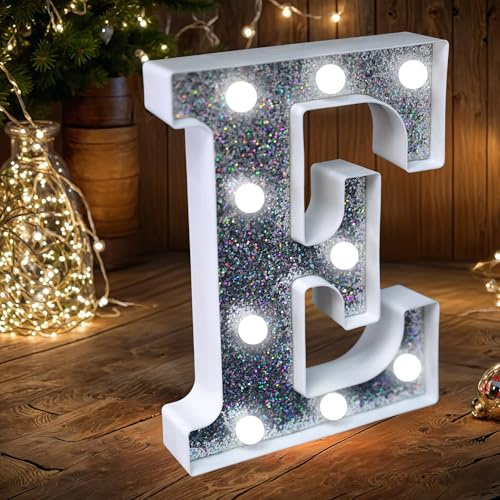 LED Marquee Letter Lights, Light Up Silver Glitter Letters Sign Battery Powered Night Light for Birthday Party Wedding Home Decoration Baby Shower-E
