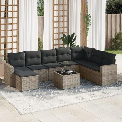 Brokky 9-TLG. Garten-Sofagarnitur mit Kissen LoungemöBel Balkon Patio Furniture Gartengarnitur Set Grau Poly Rattan / 3219360