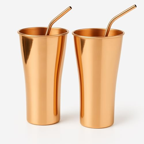 2actielife Pure Copper Tumbler Set of 2 with 2 Straws Handcrafted from 100% Pure Cups Ideal for Home, Office & Gifting and Parties Capicity 10 oz (300 ml)