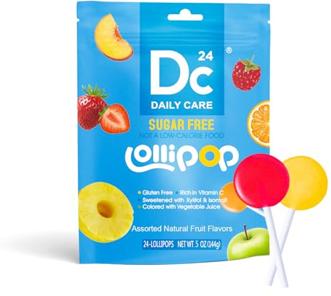 DC24 DAILY CARE Lollipops, Rich in Vitamin C Pops, Fruit Variety, 24 Ct | Sugar free Suckers, Anti Cavity, Fruit Variety Flavored 24 Lollipops for Kids, Allergy Friendly, Gluten Free, Non-GMO, 5 OZ