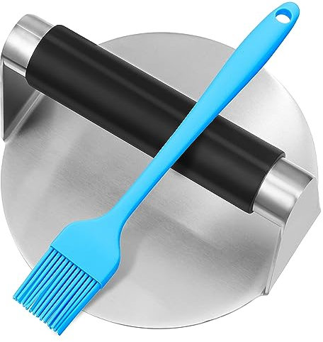 ULTECHNOVO Presse à Hamburger INOX avec Poignée Silicone Antidérapante Et Brosse à Badigeonner Silicone, Accessoire Multifonction pour Grillades Maison, Kit 2 Pièces Couleur Aléatoire
