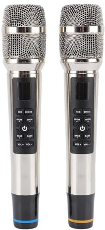 Plyisty Microphones sans Fil, Système de Micro Dynamique sans Fil Métallique avec Récepteur Rechargeable, Réverb intégré, Microphone Ensemble pour karaoké, Chant, Mariage, DJ, Fête,