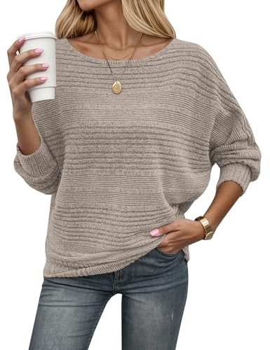 WNEEDU Women's Jumpers Autumn Lightweight Knit Batwing Long Sleeve Tops | Ladies fall winter cozy sweater, boat neck, off the shoulder, casual elegant striped pullover