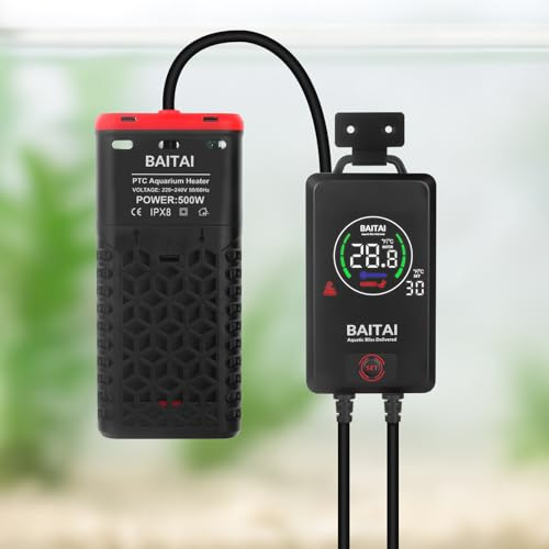 BAITAI 500W Aquarium Heater, Safe PTC Submersible Fish Tank Heater with LED Digital Thermostat, Auto Temp Control, Dry-Run & Overheat Protection, Energy Saving Shatterproof Heater for 250–500L Tanks