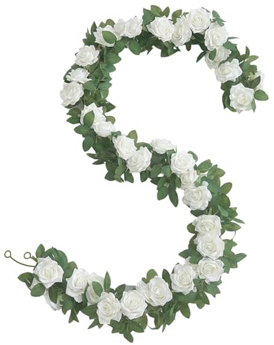 2 x 2.4m Blumengirlande Künstlich Weiße Rosen Blumen Künstliche Rose Girlande Deko Kunstblumen Hängend Rosengirlande Blumenranken Frühling Blumenkette für Hochzeit Tischdeko Party Blumenwand Fahrrad