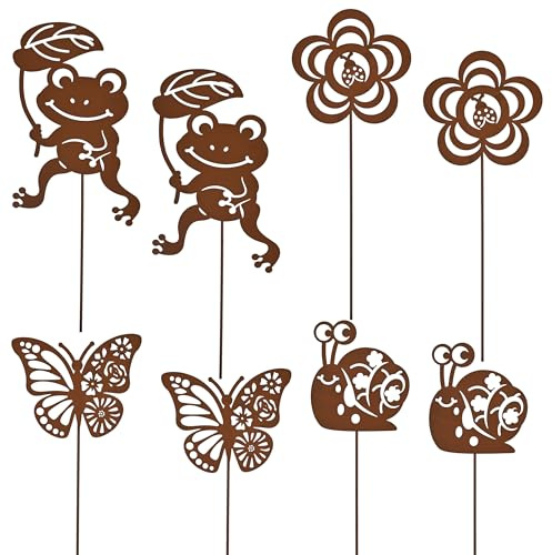 TERESA'S COLLECTIONS 8er Rost Gartenstecker für Gartendeko 25cm | Rostoptik mit Schnecke Frosch Schmetterling Blume,Roststecker Metall für Terrasse Blumentopf, Geschenk für Frauen/Mama/Papa