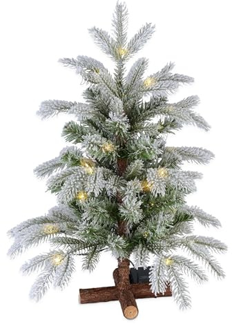 Kunst Tannenbaum mit Schnee warm weiß beleuchtet 8 Funktionen - 60 cm - Künstlicher Weihnachtsbaum 30 LED Batterie betrieben - Christbaum Tanne unecht mit Kunstschnee und Echtholz Ständer