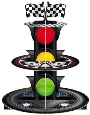 CHarmeFleur 3-Tier Racing Car Party Cake Stand,Traffic Light Design,Checkered Flag Decoration,for Car-Themed Birthday and Racing Party Decorations
