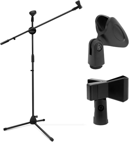 Lumiro Universal Adjustable Tripod Microphone Stand - Lightweight Professional Compact Extendable Stage Studio Floor Standing Boom 160 cm Height, Rotating Boom Arm, Tripod Base, Dual Mic Clips