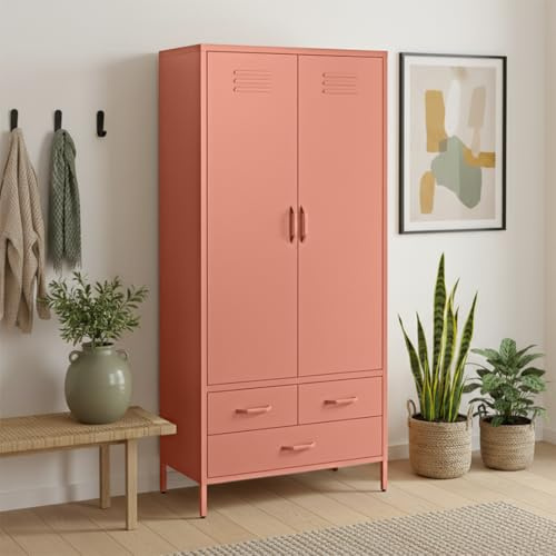 skølm Atria Kleiderschrank 80cm, 6 Fächer, Terrakotta, Metall, 3 Schubladen | Metallschrank, 2 Kleiderstangen, Garderobenschrank, Metallkleiderschrank breit, Schlafzimmerschrank/Flurschrank stabil