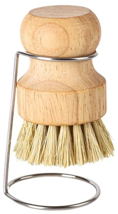 Estropajo Cocina – Cepillo Cerdas Naturales, Mango Madera | Soporte Drenaje Incluido, Accesorio Limpieza Utensilios, Fregadero Ollas Sartenes con Escenario Baño, Ducha, Azulejos, Lechada