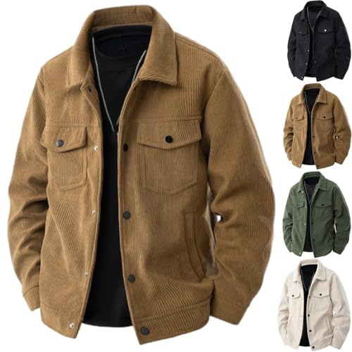 Herr vintage manchesterjacka med fleecefoder, casual truckerjackor, herr lapel vinter varm jeansjacka, Mörkbrunt, M