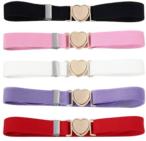 gsgfuis 5er Set Kindergürtel Mädchen - Elastische Gürtel für Kinder in 5 Farben: Schwarz, Weiß, Rot, Rosa, Lila - Verstellbare Kinder Gurt für Hose & Kleider