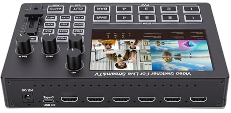 Yanmis 1080P Video Switcher, 5 Inch Screen OSD 4 Channel HD Multimedia Interface Live Stream Switcher for Multi Camera Streaming Online Class (UK Plug)