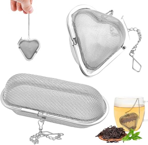 IONEKIUK 2 Pack Stainless Steel Tea Infuser for Loose Leaf Tea | Heart and oval tea strainers with hooks, suitable for mugs and teapots, easy to fill, brew and clean