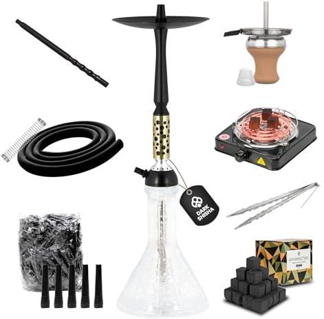 Cachimba Dark Shisha Nova 60 cm + 1 kg Carbón Cocobration 26 mm + Hornillo Eléctrico 1000W con Cesta + 100 Boquillas Desechables Negras | Set Completo Premium