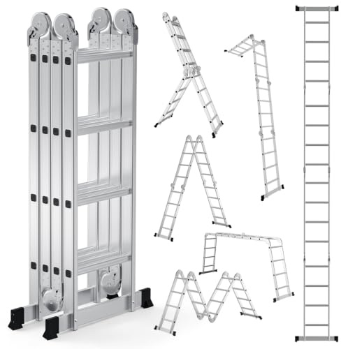 Monucep Multifunktionsstege 4 x 4 steg 468 cm, 7-i-1 aluminium multifunktionsstege upp till 150 kg, vikstege ledbelysning mångsidig stege hushållsstege