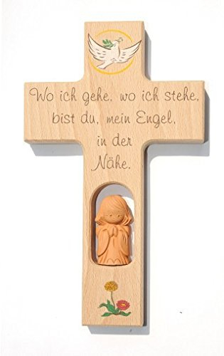 Kinderkreuz Buchenholz Taube mit handgearbeitetem Tonengel