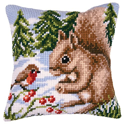 Vervaco Kreuzstich Stickpackungen Kissen Front zum Selbersticken mit Stickbild auf 100% Baumwoll Stoff und Stickgarn, Stickvorlagen 40 x 40 cm mit Anleitung, Eichhörnchen