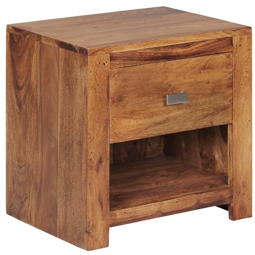 FineBuy Nachttisch Sheesham Massivholz mit Schublade und Ablage – Nachtkonsole im Landhaus Natur Design, handgefertigt – Nachtkästchen 40x40x30 cm