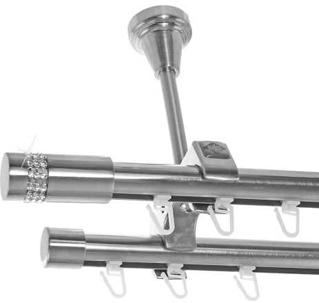 BASIT Innenlauf Gardinenstange 2 läufig Deckenmontage 480 cm lang Edelstahl Look I Vorhangstange mit Schiene 2läufig Ø20mm I 120-600 cm wählbar D61II