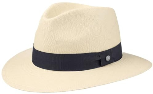 LIERYS The Sophisticated Panamahut Damen Herren Handmade in Ecuador Panamastrohhut Strohhut Sommer mit Ripsband Natur-dunkelblau S (55-56 cm)