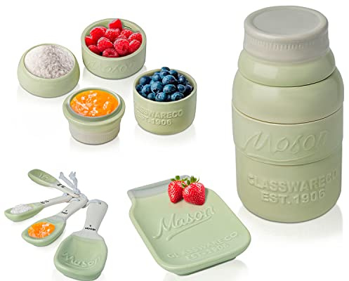 Comfify Vintage Küchenset - Mehrteiliges Küchenkeramik-Dekor-Set mit 4 Messbechern, 4 Messlöffeln und Löffelauflage - Attraktiver Vintage-Stil in Pastellgrün - geprägtes Keramik