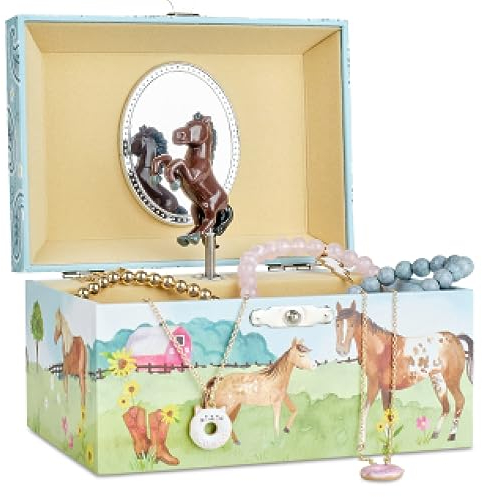 Jewelkeeper Schmuckschatulle Mädchen im Scheunendesign mit drehendem Pferd - Musikalisches Schmuckkästchen für Kinder mit Melodie Home on the Range - Schmuckaufbewahrung für Kinderschmuck