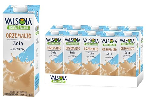 Valsoia - Bevanda Soyadrink Orzomalto, Box da 10 Tetra Brik da 1000ml, 100% Vegetale, Senza Lattosio, Fonte di Proteine Vegetali, Ideale anche per Vegani e Vegetariani, può Contenere Tracce di Glutine
