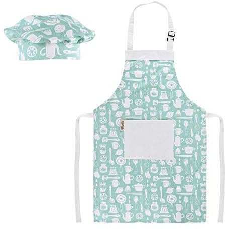 Kids Apron and Chef Hat Set-Adjustable Child Apron for Boys and Girls for Cooking Baking Tableware