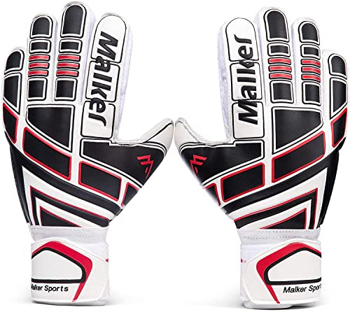 Malker Soccer Goalie Gloves Goalkeeper Gloves with Fingersave and Double Wrist Protection, Strong Grip Goalkeeper Gloves for Youth&Adult Size 10(White)