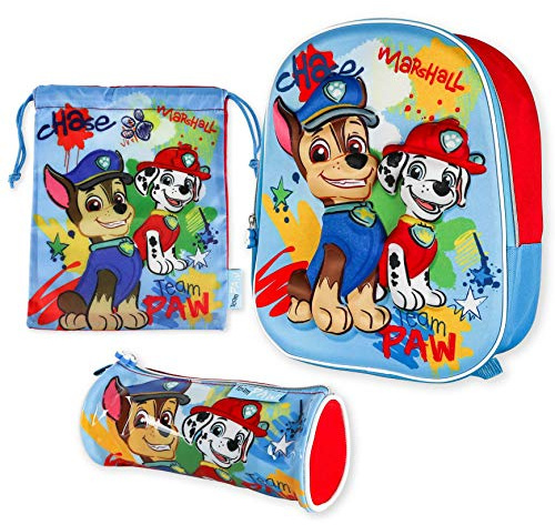 Mochila Infantil 3D, Estuche Escolar y Bolsa Merienda de Cuerdas Pack Diseño Colorido - Patrulla Canina | Mochila Escolar Niño de 3 Años | Material Escuela Primaria, Vuelta al Cole Patrulla Canina