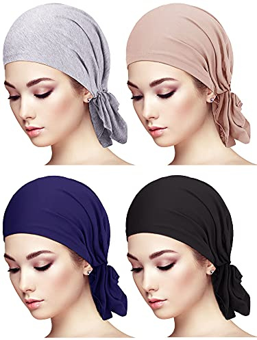 Syhood 4 Pieces Slip-On Pre-Tied Head Scarves Women Headwear Turban Beanie Caps Head Wrap Headscarf for Women(Grey, Camel, Navy Blue, Black)