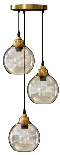 LEDSone Vintage 3-Wege-Pendelleuchte aus Glas, höhenverstellbar, E27-Sockel, Retro-Industrie-Kugel, Glaskugel, Lampenschirm, Deckenleuchte, Café, Bar, Küche (Gelbmessing 1, Ohne Glühbirne)