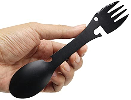 LuLiyLdJ multifunktionale Gabel-Löffel-Kombi aus Edelstahl, tragbarer Dosenöffner, geeignet für Camping, Reisen, Wandern, Outdoor-Aktivitäten