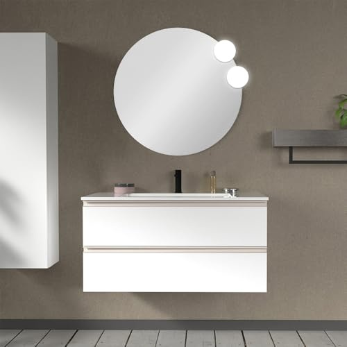 Inbagno Mobile bagno moderno sospeso 100 cm, serie Master 2 cassetti, completo di lavabo e specchio Garanzia 5 anni (Bianco Opaco)