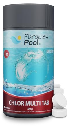 Paradies Pool Multi Tabs 20 g 1 kg, Quattro Multi Tabletten mit Chlor, Algenschutz, Flockungsmittel, pH Stabilisator, zur Wasserbehandlung, Inhalt: 1 kg