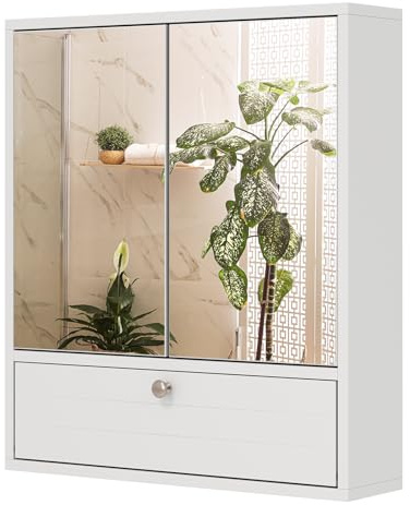 CASART Wall-Mounted Bathroom Mirror Cabinet, 2/3 Door Storage Cupboard with Shelves & Cushioning Hinges, Bath Organiser Storage for Bedroom, Living Room and Toilet (Double Door with Compartment) | with Shelves & Cushioning Hinges, Bath Organiser Storage for Bedroom, Living Room and Toilet (Double Door with Compartment)